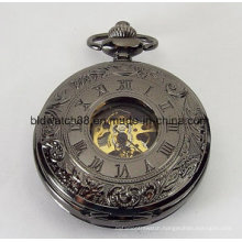 Custom Engraved Black Roman Numeral Mechanical Wind up Pocket Watch